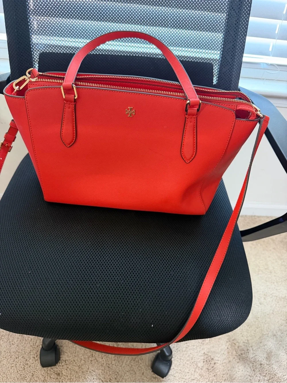 Tory Burch Red Saffiano Tote with Detachable Crossbody Strap